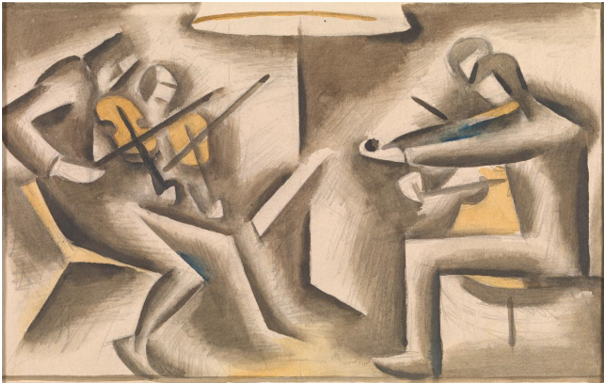 An artwork by Dorrit Black entitled, Study for The quartette (1936). Watercolour over pencil, 15.1 × 24.6 cm (image) 19.2 × 28.1 cm (sheet).