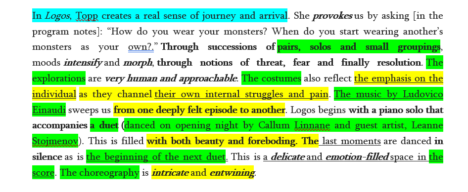 a paragraph from Susan Bendall’s review of The Australian Ballet’s triple bill program, “Volt”.