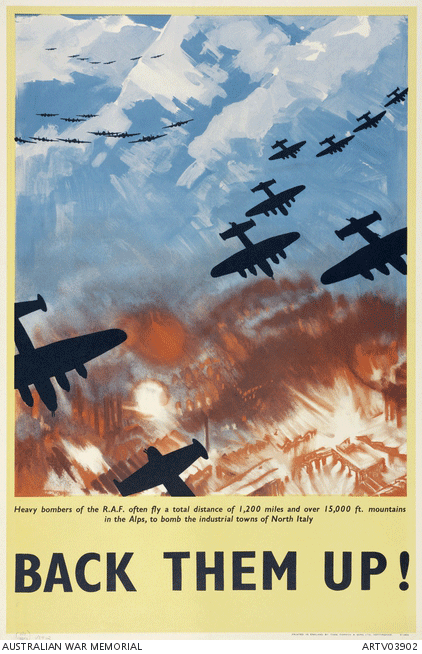 British propaganda poster depicting heavy bombers flying over the Alps to bomb the industrial towns of North Italy. The slogan of the poster is 'Back them up!' written in capital letters at the bottom of the poster. Underneath the drawing of bombers flying over a bombed town is smaller font text that reads, 'Heavy bombers of the RAF often fly a total distance of 1200 miles and over 15,000-foot mountains in the Alps, to bomb the industrial towns of North Italy