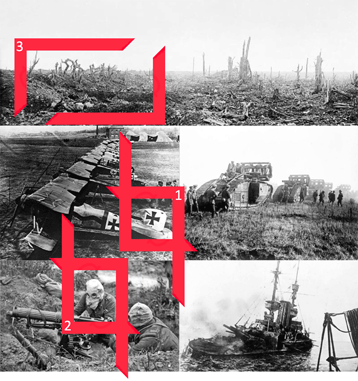 A montage of 6 images of World War 1. Three sections of the montage have been framed with the cropping tool. The first cropping is of an Iron Cross on the tail of a German plane. The second is of soldiers wearing gas masks. The third is of blackened earth and dead trees