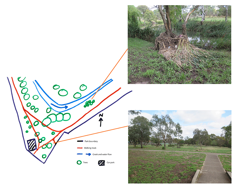 A hand-drawn aerial map of an area of Kororoit Creek Reserve to be redeveloped. The map identifies park boundaries, walking tracks, the creek and direction of water flow, trees and a carpark. Two site photographs are also supplied: one of the debris and damage to trees caused by creek flooding, and one of the open park space.
